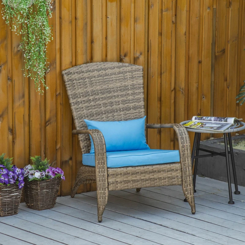 Outsunny Patio Wicker Adirondack Chair, Outdoor PE Rattan Fire Pit Chair, Muskoka Chair w/ Soft Cushions, Tall Curved Backrest and Comfortable Armrests for Deck or Garden, Blue
