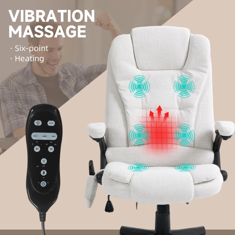 HOMCOM 6 Point Vibrating Massage Office Chair with Heat, Linen High Back Massage Desk Chair with Reclining Backrest, White(m-4)