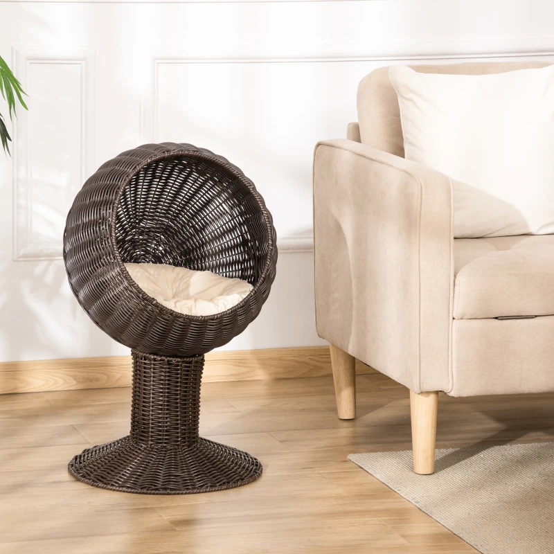 PawHut Elevated Cat Bed with Rotatable Egg Chair Pod, Cat Basket Bed with Thick Cushion, Natural Mat Grass Woven Kitty House, Coffee