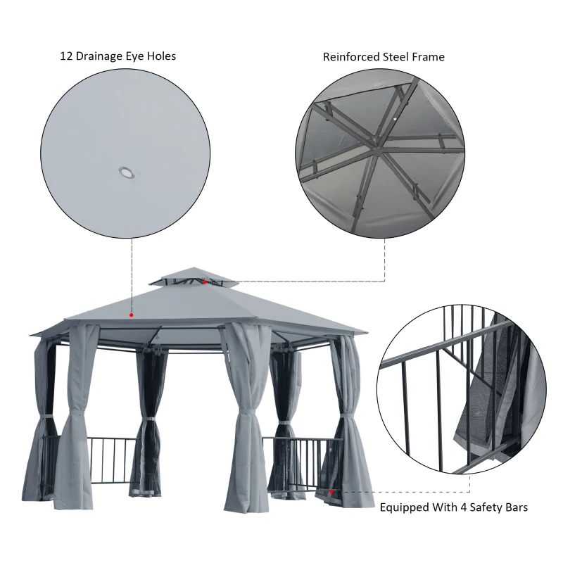 Outsunny 13' x 13' Patio Gazebo, Double Roof Hexagon Outdoor Gazebo Canopy Shelter with Netting & Curtains, Solid Steel Frame for Garden, Lawn, Backyard and Deck, Gray