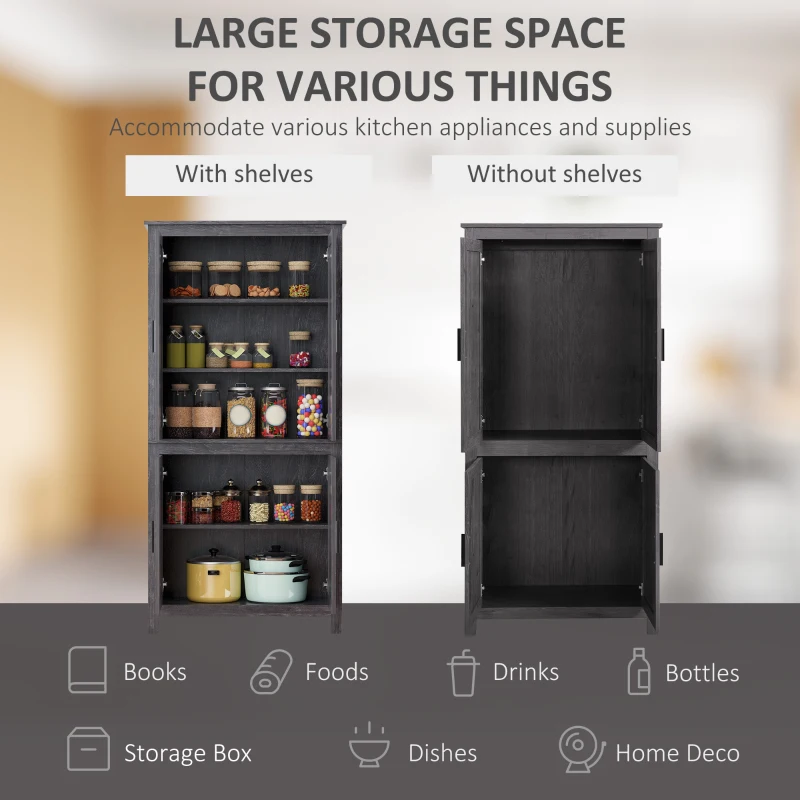 HOMCOM 64" 4-Door Kitchen Pantry, Freestanding Storage Cabinet with 3 Adjustable Shelves for Kitchen, Gray