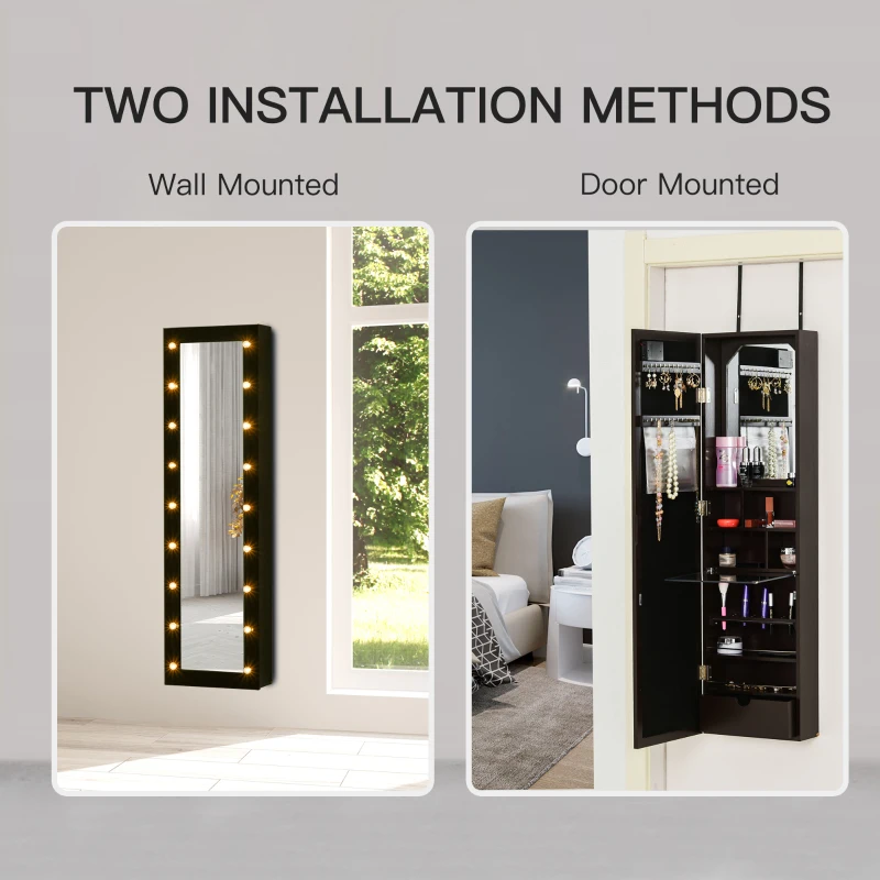 HOMCOM Jewelry Armoire with Mirror and 18 LED Lights, Wall-Mounted/Over-The-Door Cabinet with 3 Mountable Heights, Dark Walnut