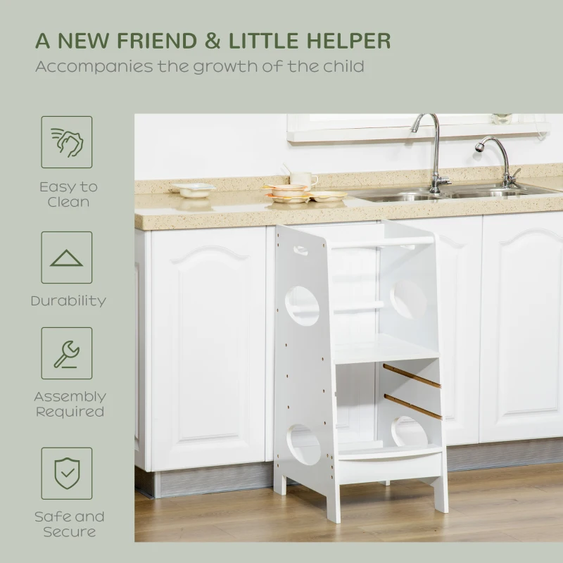 HOMCOM Toddler Tower Kitchen Helper with 3-Level Adjustable Height, Heavy-Duty Kids Step Stool with Safety Rail, White