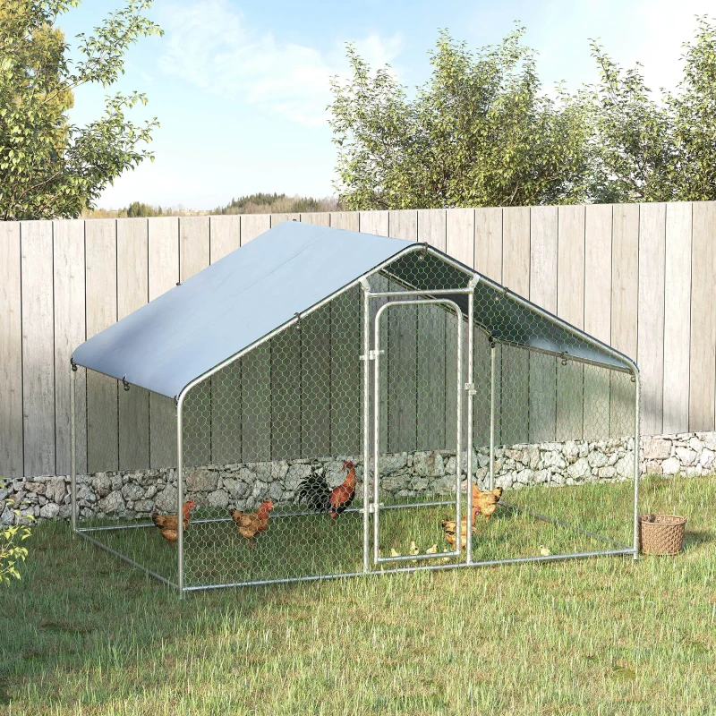 PawHut Large Chicken Coop Metal Chicken Run with Waterproof and Anti-UV Cover, Spire Shaped Walk-in Fence Cage Hen House for Outdoor and Yard Farm Use, 1.3" Tube Diameter, 9.8' x 6.6' x 6.4'