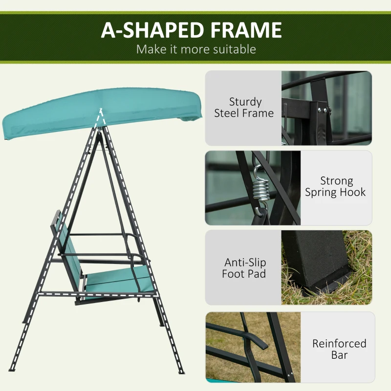 Outsunny 2-Person Patio Swing Chair Outdoor Canopy Swing Bench with Adjustable Shade, Breathable Mesh Seats and Steel Frame for Garden, Poolside, Backyard, Blue