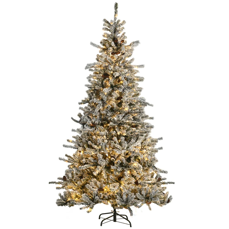 HOMCOM 7.5' Pre Lit Artificial Flocked Christmas Trees, with Snow Branches, Warm White LED Lights, Auto Open, Pine Cones