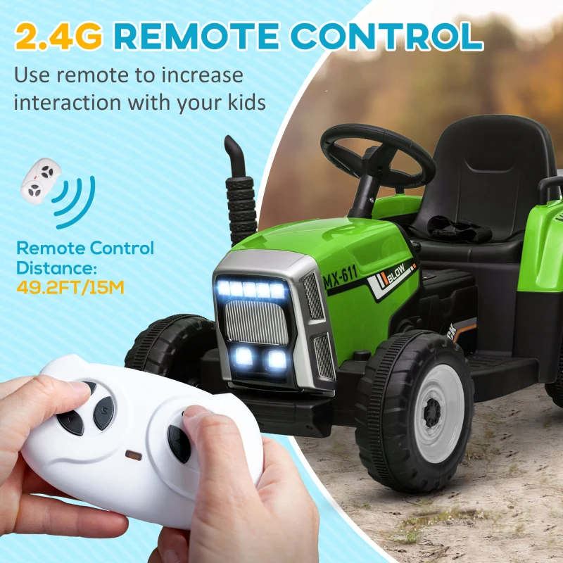 Aosom 12V Ride on Tractor with Trailer, 25W Dual Motors, Battery Powered Electric Tractor with Remote Control, Music Startup Sound and Horn, LED Lights, Green