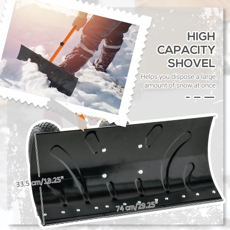 Outsunny Snow Shovel, Rolling Pusher with 29" Blade, 10" Wheels & Angle-Adjustable Handle, Orange