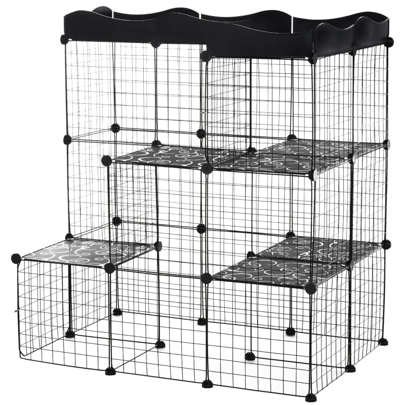 PawHut 40 Pcs Small Animal Cage Bunny Hutch Portable Metal Wire with Ramps for Kitten Rabbit, Black