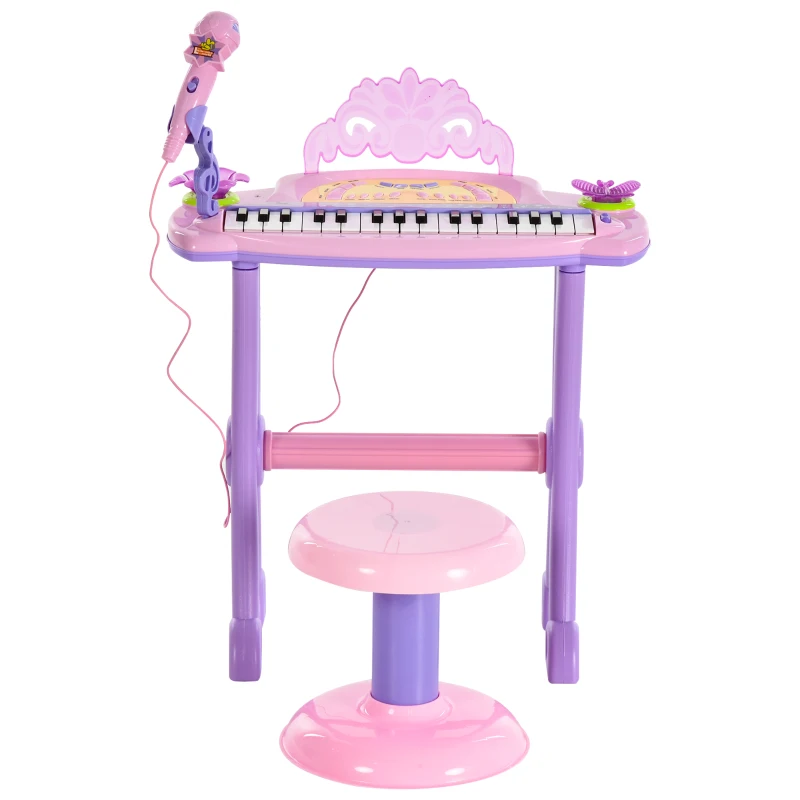 Qaba 32-Key Princess Electronic Toy Piano for Kids, Educational Keyboard Piano with Stool, MP3, Record, Flashing Lights, Microphone for 3-6 Years, Pink