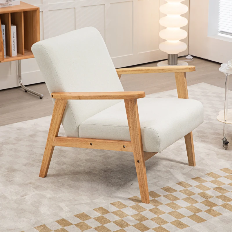 HOMCOM Mid-Century Modern Accent Chair Retro Fabric Armchair Wooden Arm Upholstered Lounge Chair for Living Room Cream White