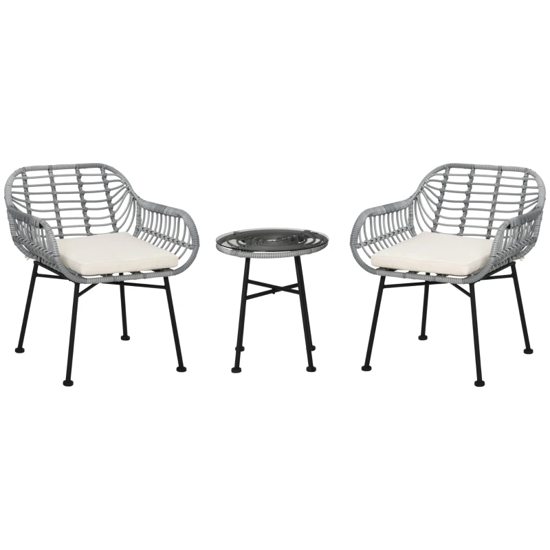 Outsunny 3 Piece Patio Set, Outdoor Bistro Furniture, PE Rattan Wicker Table and Chairs, Cushioned, Cream White