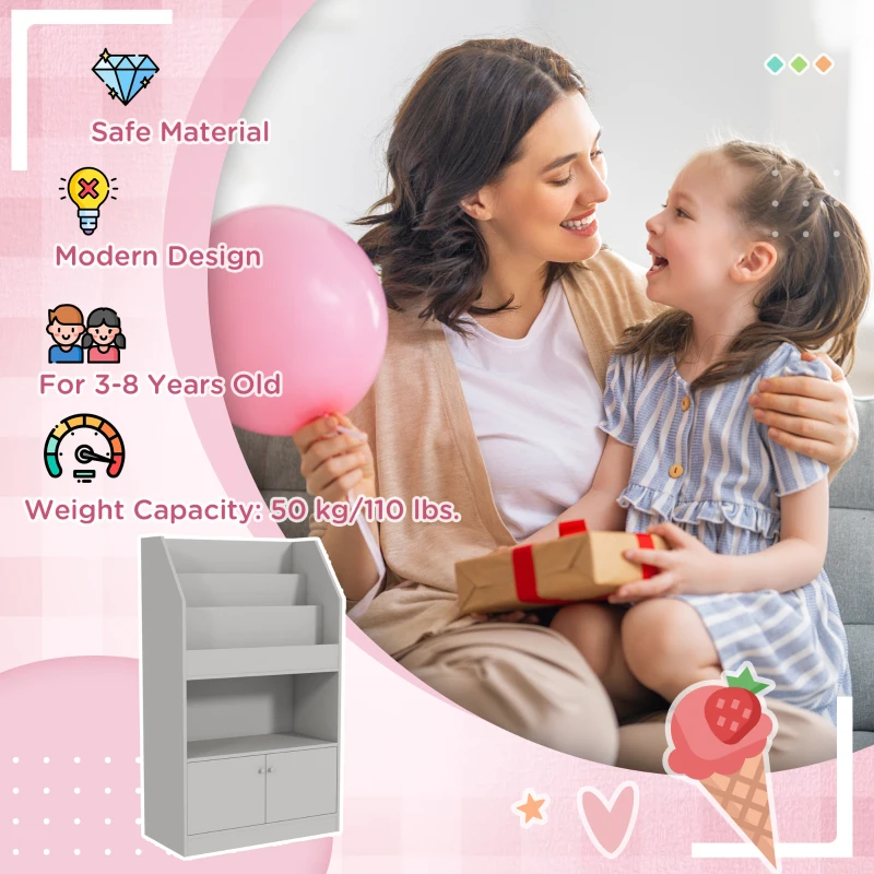 Qaba Toy Storage Cabinet, Kids Bookcase Children's Bookshelf for Kids Room, Bedroom, Playroom, Nursery, Gray