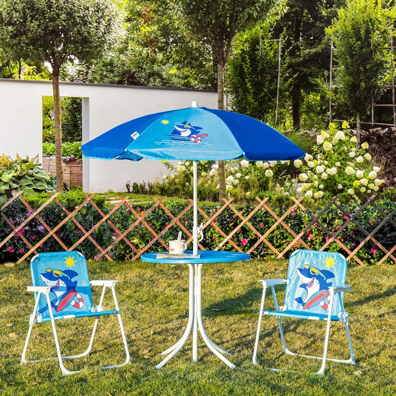 Outsunny Kids Table and Chair Set, Comfortable Little Kids Picnic Table with Umbrella, Adjustable Height, Outdoor Seating for Kids Ages 3-6, Foldable, Sharks