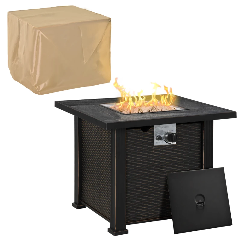 Outsunny 30 Inch Outdoor Gas Fire Pit Table, 50000 BTU Wicker Auto Ignition Propane Fire Table with Lid, Lava Rocks and Cover, CSA Certification for Patio