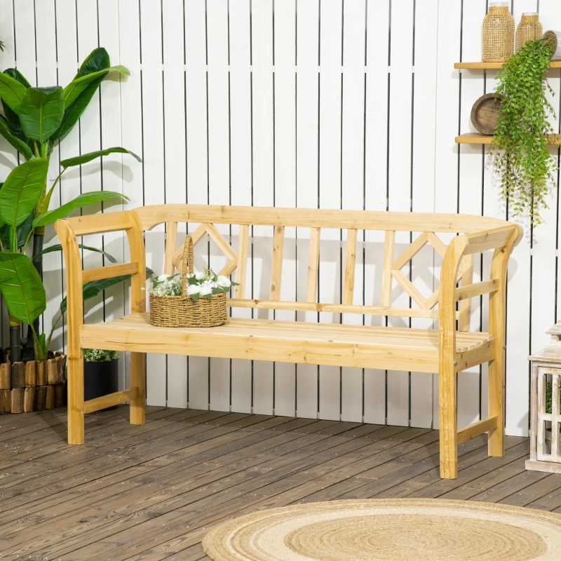 Outsunny Wooden Patio Bench, Outdoor Garden Bench with Backrest and Armrests, 3 Person Porch Bench with Rustic Country Diamond Pattern, Natural
