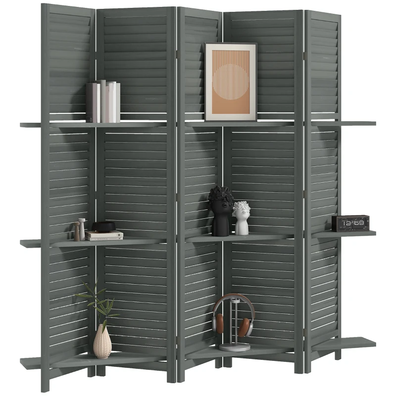 HOMCOM 5 Panel 67" Tall Wood Privacy Screen Room Divider with 3 Shelves and Folding Storage for Bedroom, Gray