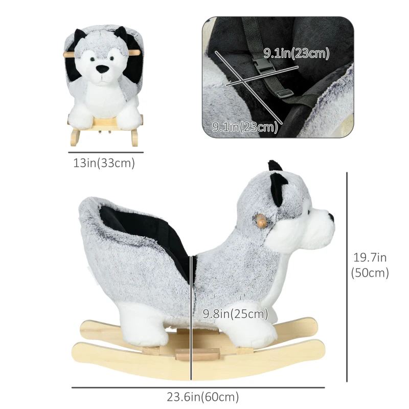 Qaba Baby Rocking Horse, Plush Animal Rocker for Toddlers Aged 18-36 Months, Stuffed Ride Toy with Sounds, Seat Belt, Grey