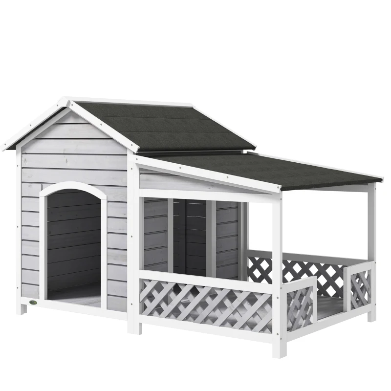 PawHut Wooden Dog House Outdoor with Porch, Cabin Style Raised Dog Shelter with Asphalt Roof, Doors, and Shutter Window, for Medium Large Sized Dog, Light Gray