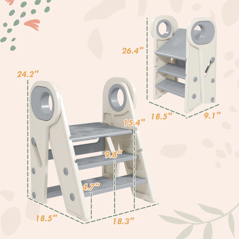Qaba Foldable & Adjustable Kitchen Stool Helper with Handles, Non-Slip, for Bathroom, Sink, Kitchen, Gray