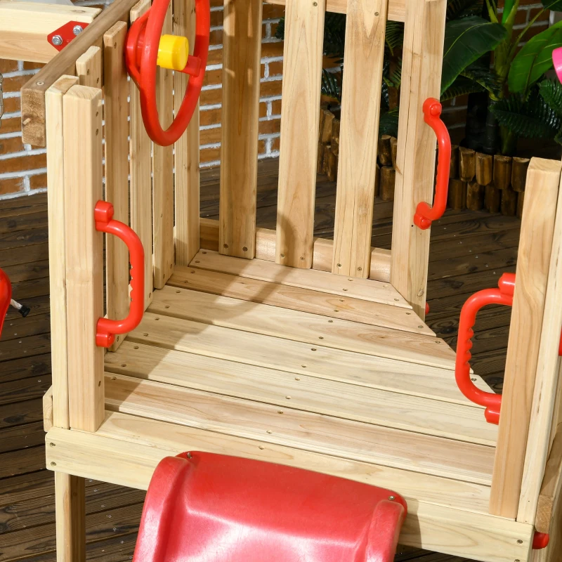Outsunny 4-in-1 Wooden Swing Set with Swing, Slide, Horn, Steering Wheel, Red