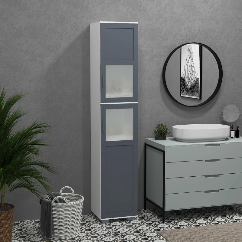 kleankin 75" Tall Bathroom Storage Cabinet, Narrow Bathroom Cabinets with Matte Glass Doors and 5-tier Shelving, White & Grey