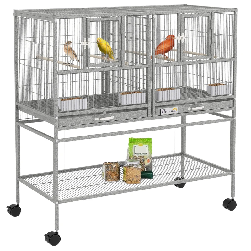 PawHut Large Double Rolling Metal Bird Cage Bird House w/ Removable Tray Storage Shelf