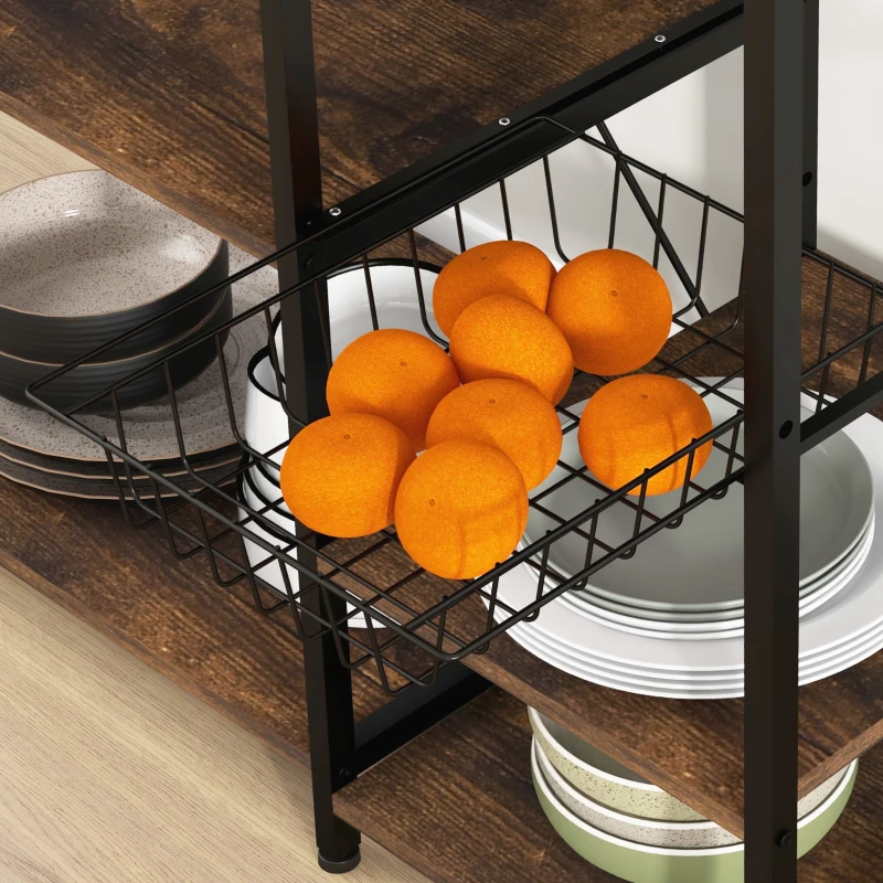 HOMCOM Industrial Kitchen Bakers Rack with Charging Station, RGB Lights, Glass Holders and Open Shelves, Rustic Brown