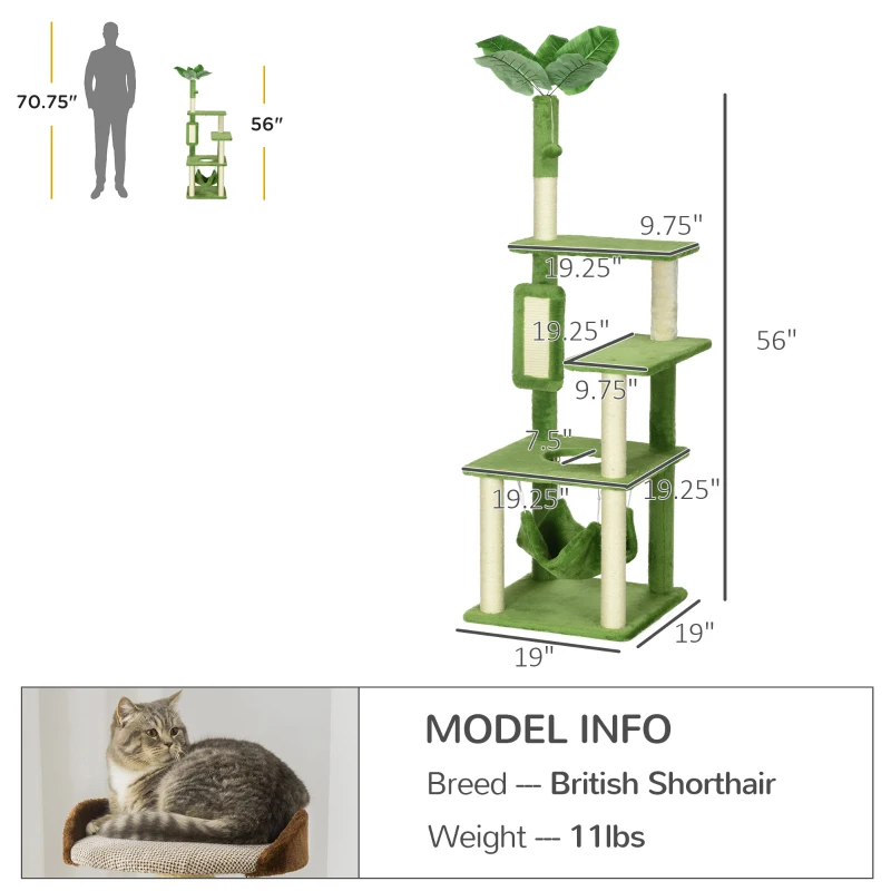 PawHut Cat Tree for Indoor Cats with Hammock, Cat Tower, Green