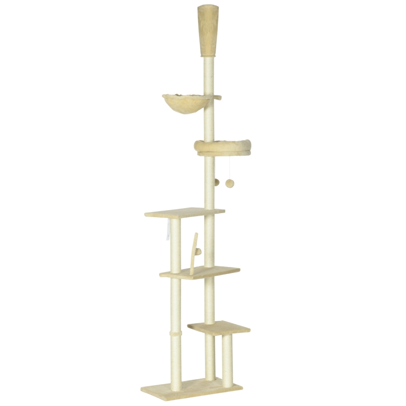 PawHut Floor to Ceiling Cat Tree, Cat Climbing Tower with Platforms, Bed, Hammock, Scratching Posts, Toy Balls, Beige