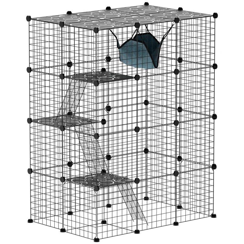 PawHut 4-Tier DIY Large Cat Cage with Hammock, Platforms, Ramps, Accessories for 1-3 Cats, Indoor Use, Black