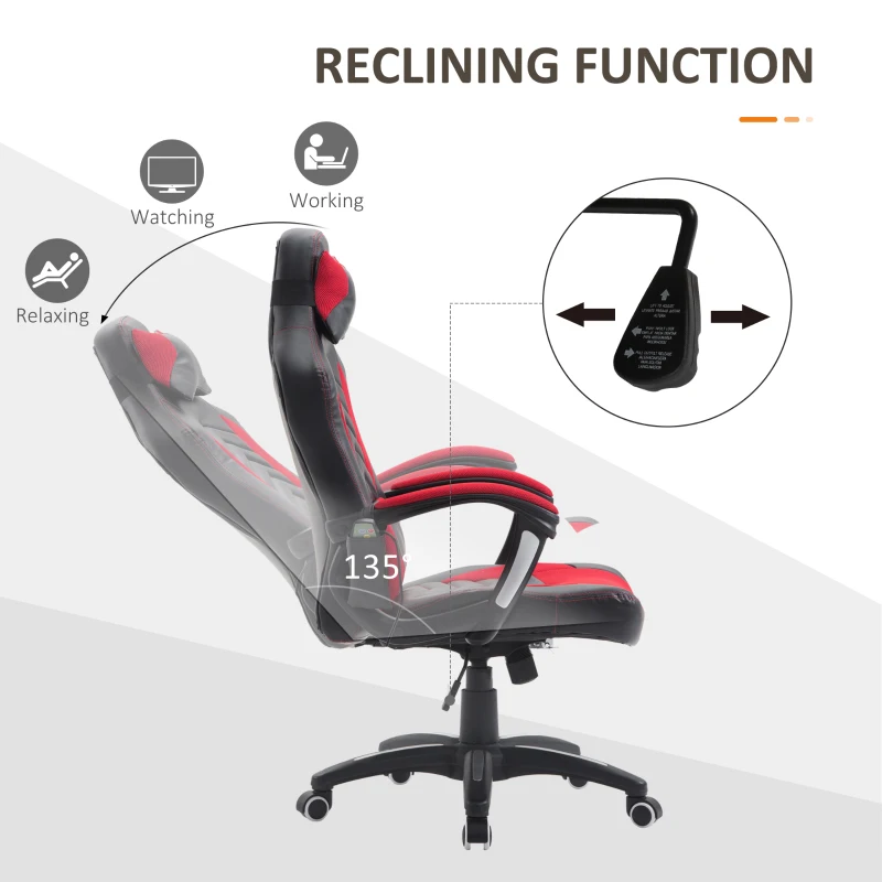 HOMCOM 6 Vibrating Point Massage Computer Gaming Chair 5 Modes, Racing Style Heated Desk Chair Swivel Rolling Chair with Headrest, Red / Black