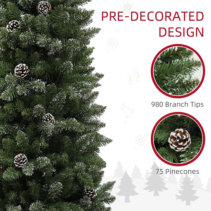 HOMCOM 7.5ft Artificial Pencil Christmas Tree with 980 Branches, Pinecones, Metal Stand, Realistic Xmas Tree for Home