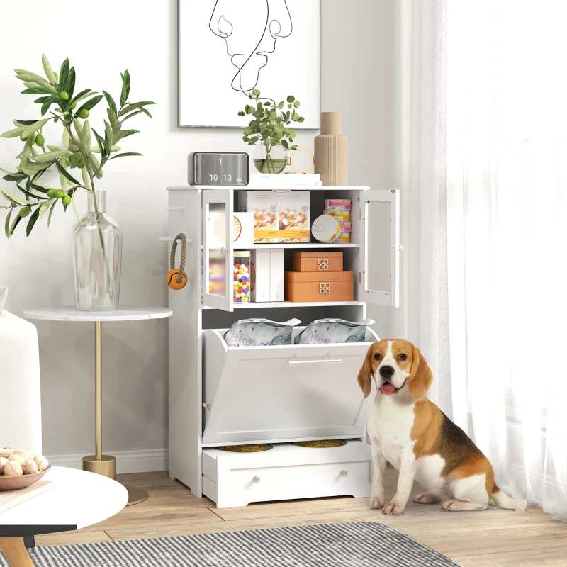 PawHut Dog Feeding Station with Two Storage Cabinets, 2 Elevated Dog Bowls, Side Hooks, Anti-tip Kit, for Feeding & Watering