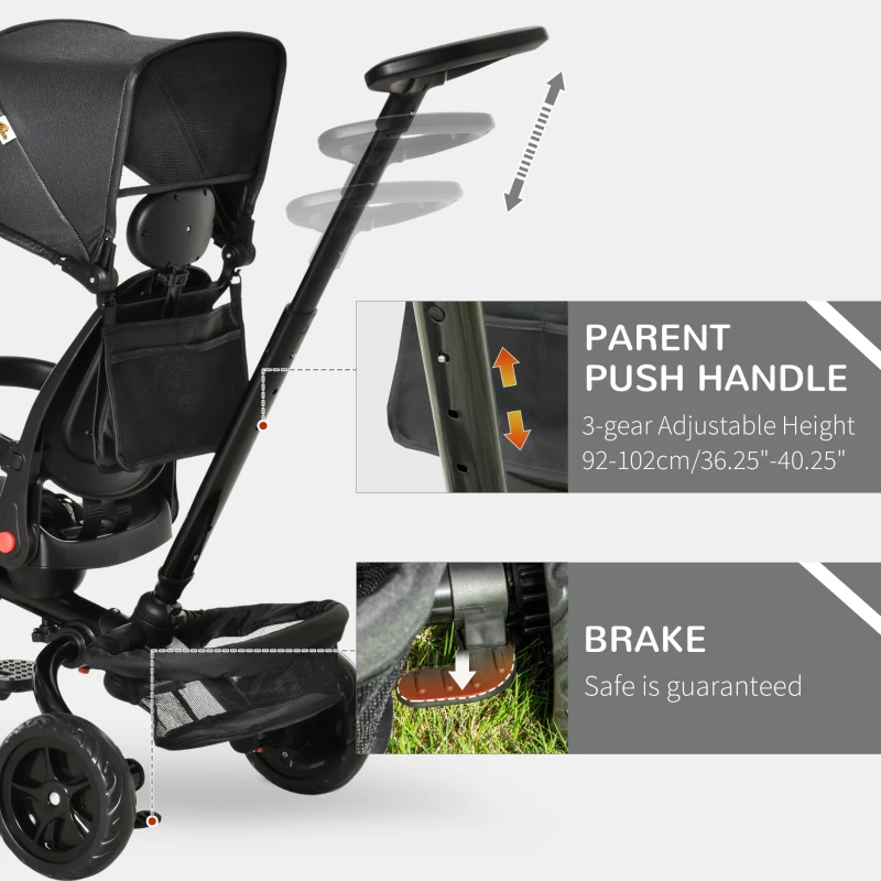 Qaba Tricycle for Toddler 4 in 1 Kids Trike with Reversible Adjustable Seat, Baby Push Bike with Removable Handle, Canopy, Belt Storage Brake Clutch for 1-5 Years, Black