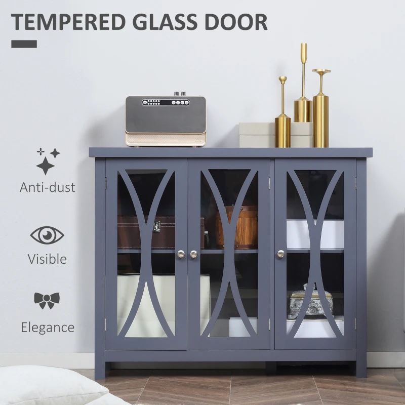 HOMCOM Sideboard, Buffet Cabinet with 3 Tempered Glass Doors, Arc Pattern and Adjustable Storage Shelf, Credenza, Gray
