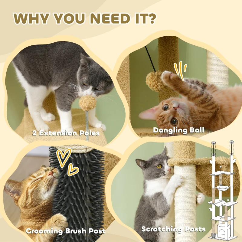 PawHut 89"-100" Floor to Ceiling Cat Tree Cat Tower for Large Cats w/ Scratching Posts, Grooming Brush Post, Cat Condo, Brown