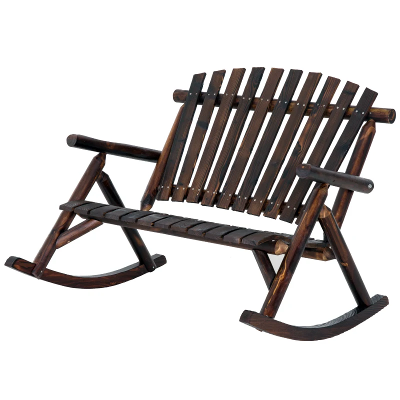 Outsunny Outdoor Wooden Rocking Chair, Double-Person Rustic Adirondack Rocker with Slatted Seat, High Backrest, Armrests for Patio, Garden and Porch, Carbonized