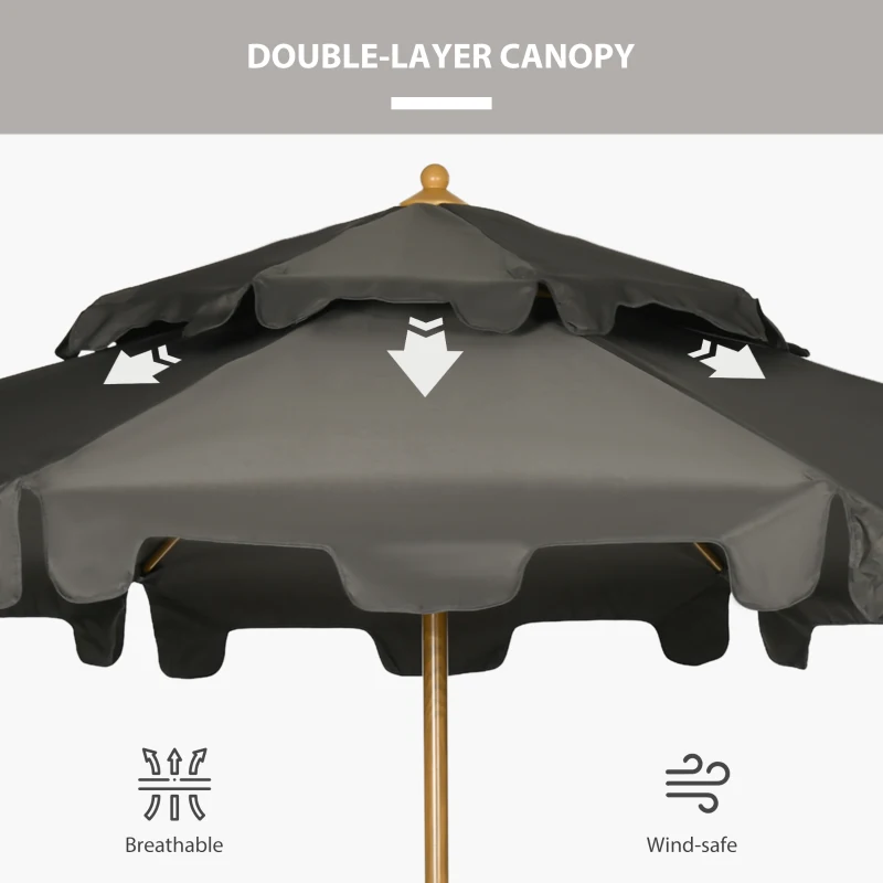 Outsunny 9' Patio Umbrella with Push Button Tilt and Crank, Double Top Ruffled Outdoor Market Table Umbrella with 8 Ribs, for Garden, Deck, Pool, Gray
