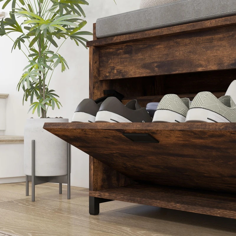 HOMCOM Shoe Storage with Seat, Upholstered Hallway Bench, Shoe Bench with Flip Drawer and Side Rack for 6 Pairs of Shoes