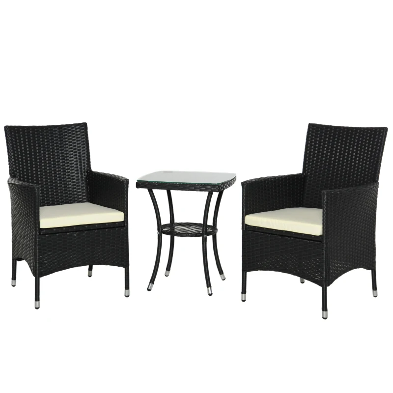 Outsunny 3 Pieces Patio Bistro Set, Outdoor PE Rattan Porch Furniture with Two Armchairs, Glass Top Coffee Table, Black