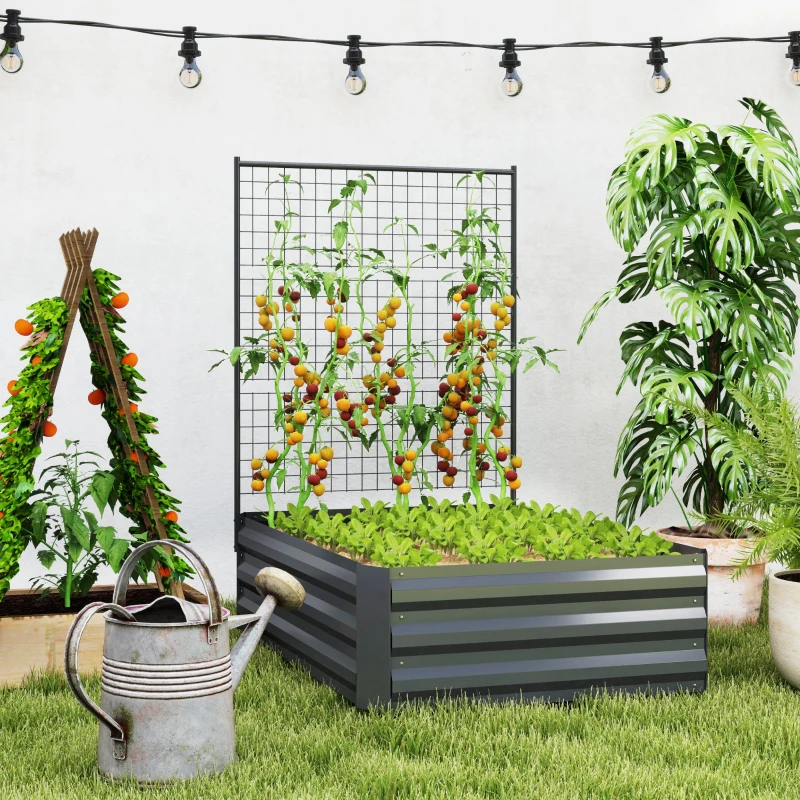 Outsunny Galvanized Raised Garden Bed with Trellis for Climbing Plants, Outdoor Planter Box with Open Bottom, Dark Grey