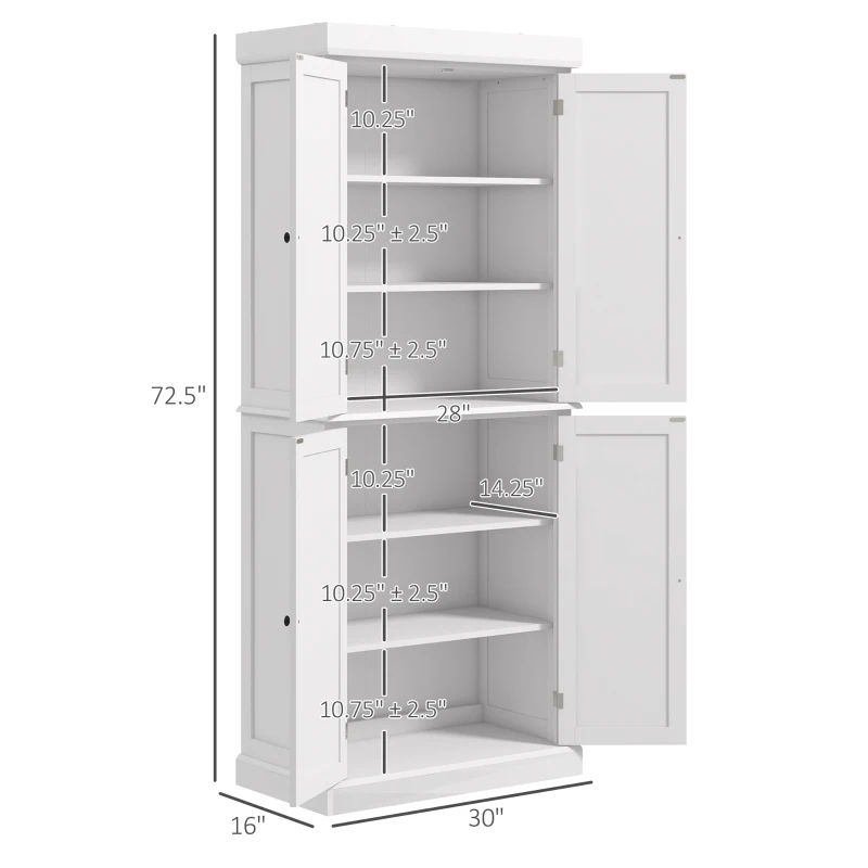 HOMCOM Traditional Farmhouse Kitchen Pantry Cupboard with Two Storage Cabinets, and 4 Adjustable Shelves, White