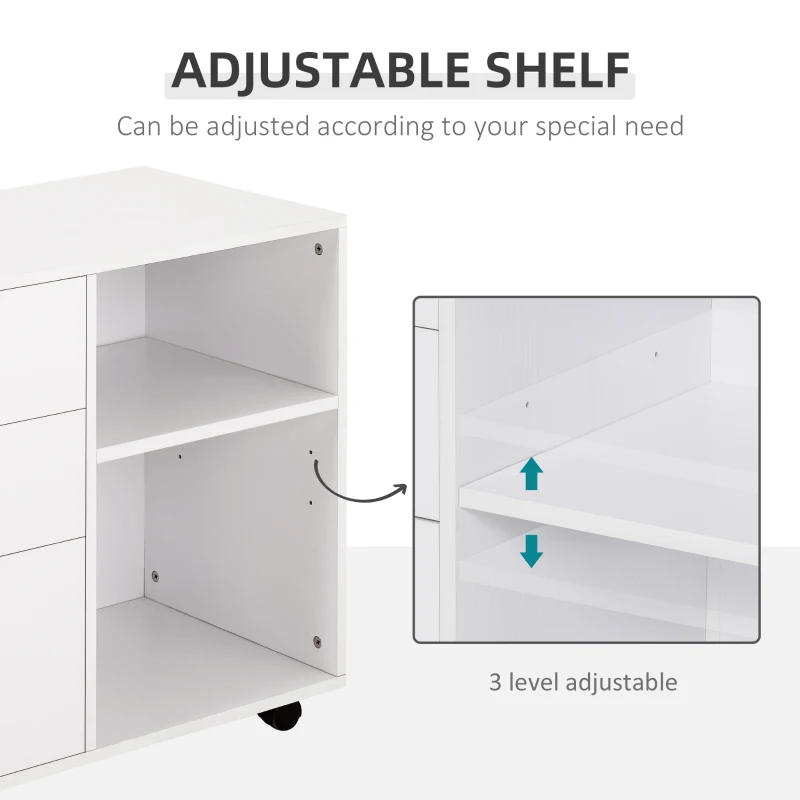 HOMCOM Modern Lateral Filing Cabinet, 3 Drawer File Cabinet for Letter and A4 Size Documents, Mobile, Printer Stand with Open Shelves, Rolling Wheels, White