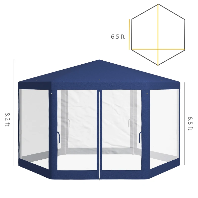 Outsunny 13' x 11' Outdoor Party Tent, Hexagon Sun Shade Shelter Canopy w/ Protective Mesh Screen Sidewalls, Ropes & Stakes, Blue