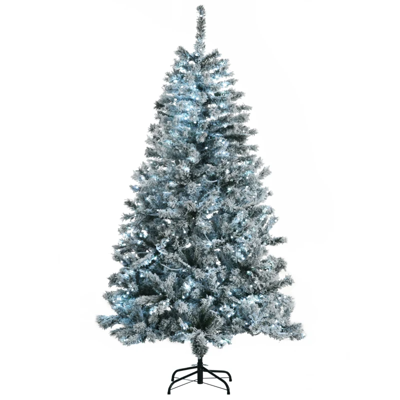 HOMCOM 6' Prelit Artificial Flocked Christmas Trees, with Snow Frosted Branches, Cold White LED Lights, Auto Open