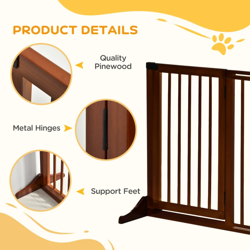 PawHut Freestanding Length Adjustable Wooden Pet Gate with Lockable Door 3 Panels, Brown