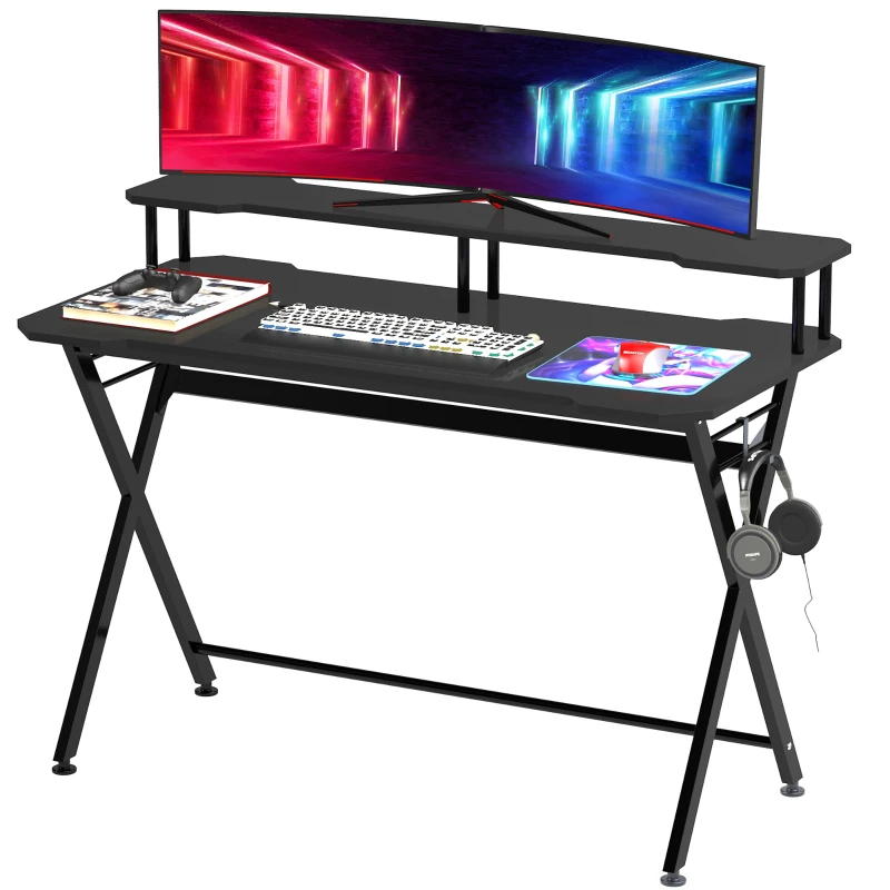 HOMCOM 55 inch Gaming Desk Racing Style Computer Office PC Gamer Workstation with Elevated Monitor Stand, Headphone Hook, Black