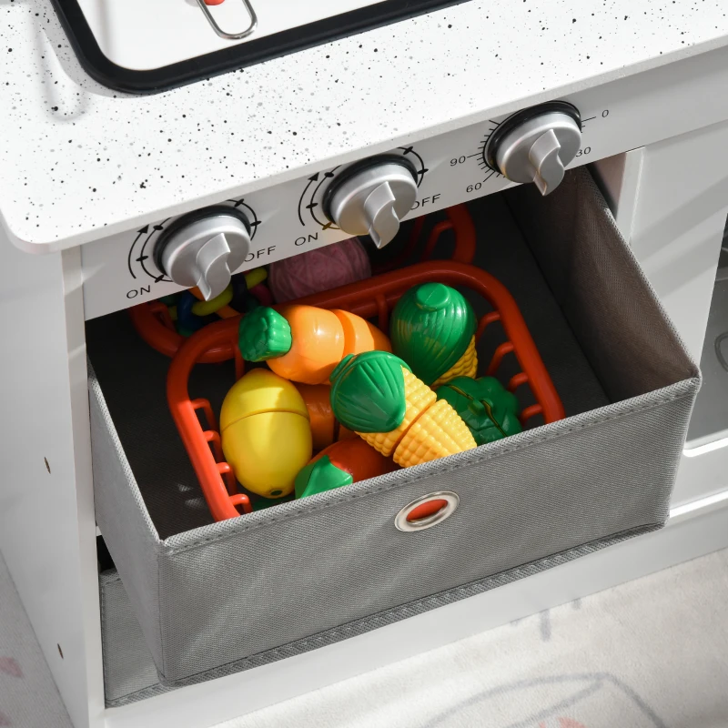 Qaba Wooden Play Kitchen with Easy Toy Organizer Bins, Latte Maker Pretend Play Kitchen Set with Stove Sound Effects, Preschool Imaginative Toy Playset