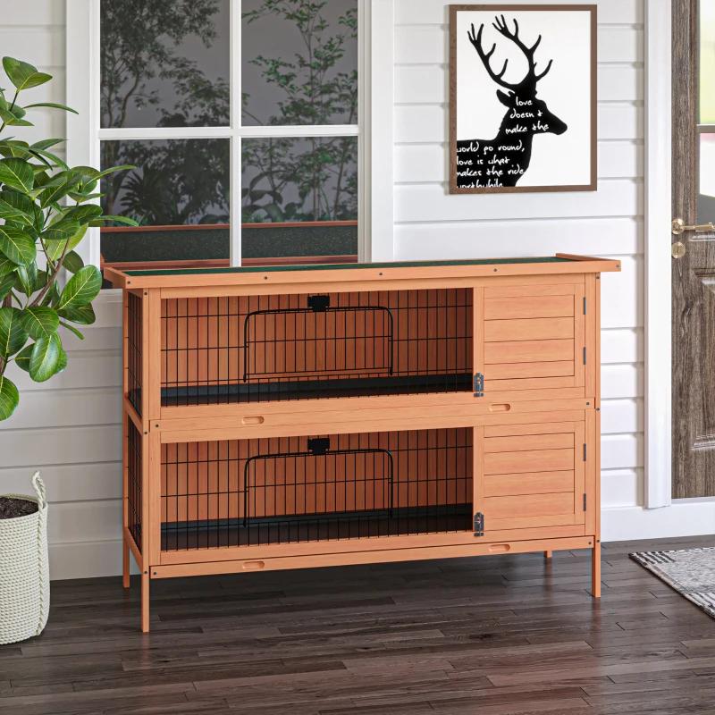 PawHut 54" 2-Story Large Rabbit Hutch Bunny Cage Wooden Pet House Small Animal Habitat with Lockable Doors, No Leak Tray and waterproof Roof for Rabbits, Chickens, Ducks, Outdoor/Indoor Natural